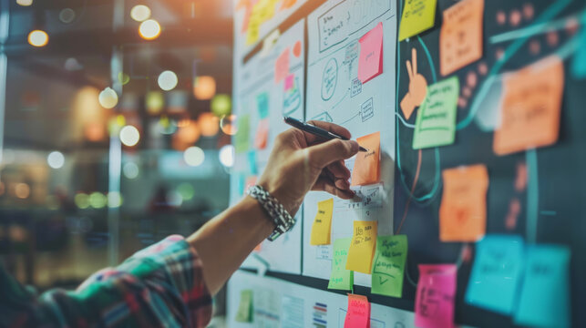 Creative brainstorming session with a digital mind in an innovative workspace featuring colorful sticky notes and planning materials