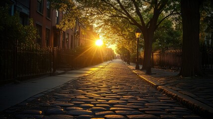 Obraz premium Cobblestone street curving into the distance as the sun sets, casting a golden glow over the historic cityscape.