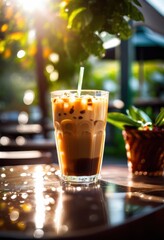 refreshing iced coffee served vibrant open air setting surrounded lush greenery bright sunlight, beverage, atmosphere, summer, drink, outdoor, cafe, chill