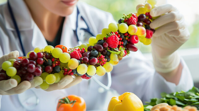 Nutrition Science and Food Scientist as a nutritionist or lab technician with nutrients, and foods as a DNA genetic strand representing GMO concept