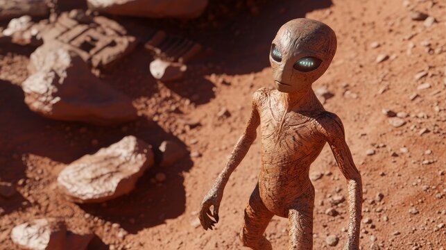 Martian Sentinel: A humanoid alien standing watch over the red planet, its bioluminescent patterns and reflective eyes suggesting an ancient, highly evolved intelligence.