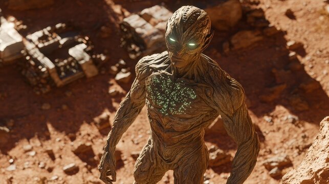 Martian Sentinel: A humanoid alien standing watch over the red planet, its bioluminescent patterns and reflective eyes suggesting an ancient, highly evolved intelligence.