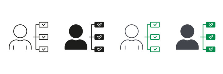 Responsible Management, Delegate Duty Sign. Employee Responsibility Line and Silhouette Icon Set. Corporate Manager Roles Pictogram. Job Culture Symbol. Editable Stroke. Isolated Vector Illustration
