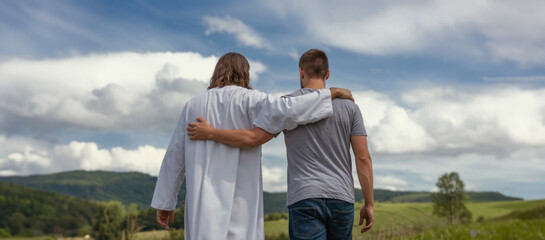 Jesus Walking Next to a Devout Believer: A Moving Image of Faith, Hope, and Spiritual Companionship, Guiding the Journey of Salvation and Redemption in the Christian Path to Eternal Life