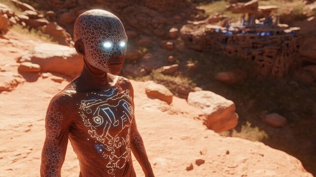 Martian Sentinel: A humanoid alien standing watch over the red planet, its bioluminescent patterns and reflective eyes suggesting an ancient, highly evolved intelligence.