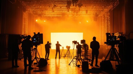 Crew silhouetted against a brightly lit film set, adjusting equipment and preparing for a video shoot in a large production studio.