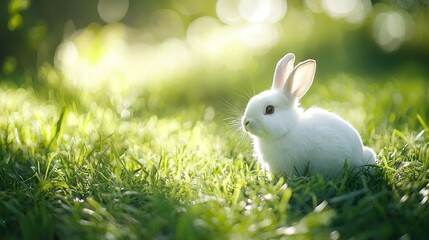 Fototapeta premium A rabbit sitting in the grass with sunlight on its back and floppy ears