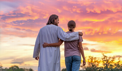 Jesus Walking Alongside a Devout Christian: An Uplifting Illustration of Spiritual Guidance, Faith, and Divine Love, Representing the Journey Toward Eternal Redemption and Salvation in God's Grace