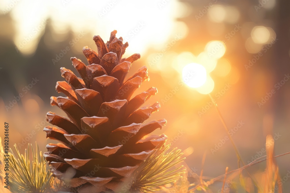 Sticker A Close-Up of a Pine Cone in the Golden Light of Sunset