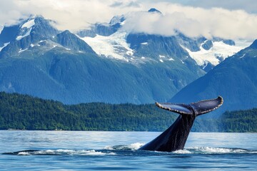 Fototapeta premium Inside Passage: Alaska Cruise for Whale Watching with Mountain Range and Humpback Sightings