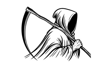 black and white illustration,grim Reaper and sickle isolated