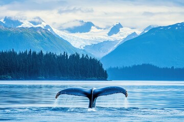 Obraz premium Inside Passage Alaska Cruise: Whale Watching Excursion in Mountainous Landscape