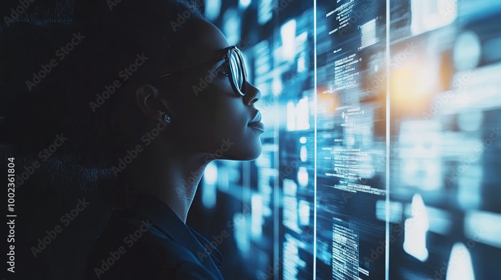 Poster a profile view of a woman looking at a digital interface filled with data and information.
