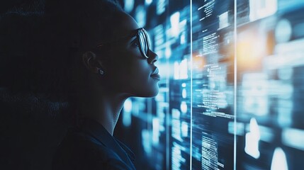 A profile view of a woman looking at a digital interface filled with data and information.
