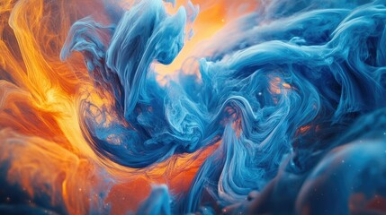 Obraz premium Dynamic blue and orange ink swirls colliding in water, creating abstract, fluid designs.