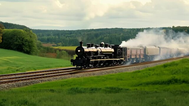 Vintage steam train in the countryside on an old railway track
