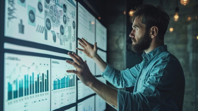 A professional discussing data insights using advanced digital charts in a modern office setting during a collaborative meeting