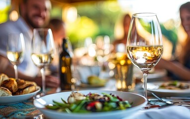 A beautifully arranged dining table with glasses of white wine and a fresh salad, set in a warm, inviting atmosphere.