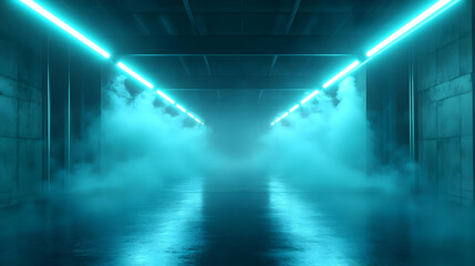 Neon Lights in a Foggy Industrial Corridor - 3D Illustration