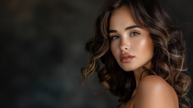 Glamorous Appeal:  a stunning brunette supermodel with beautiful hair, embodying elegance and charm.