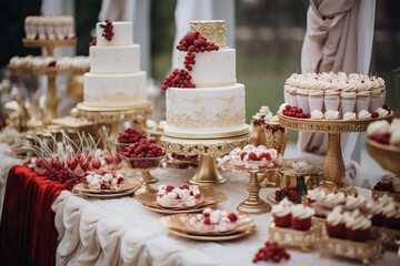 Elegant dessert table featuring cakes and cupcakes adorned with fresh raspberries at a celebration