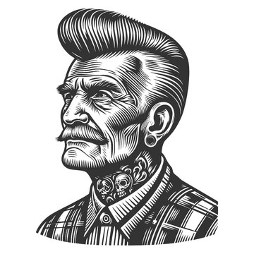 recommend clip art: Elderly punk man with a pompadour hairstyle, facial tattoos sketch engraving generative ai fictional character raster illustration. Scratch board imitation. Black and white image.
