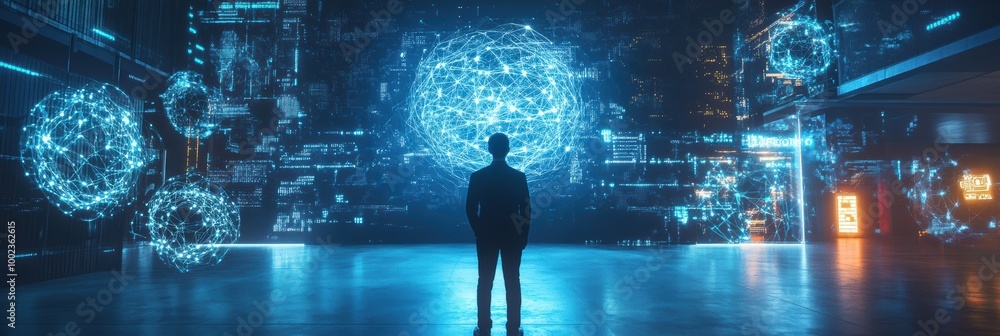 Poster a professional engages with floating holographic data and neural network patterns in a futuristic di