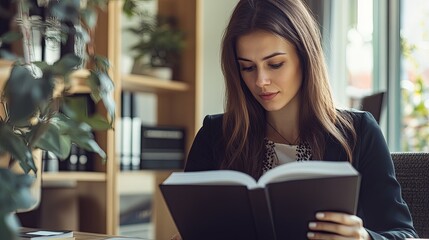 A woman reading a book in a cozy, well-lit environment filled with plants and bookshelves.