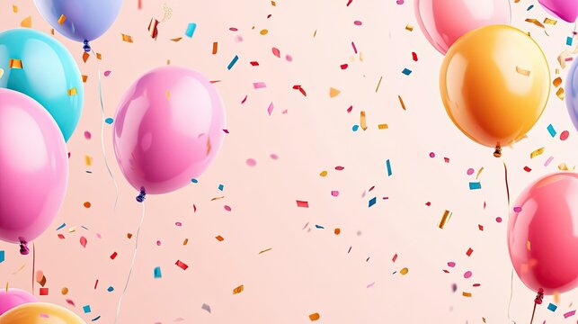 a colorful birthday banner template with editable text, featuring balloons, confetti, and a celebratory design.