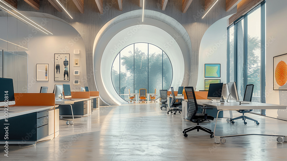Poster an open office space with desks and chairs arranged in a semi-circular grid.
