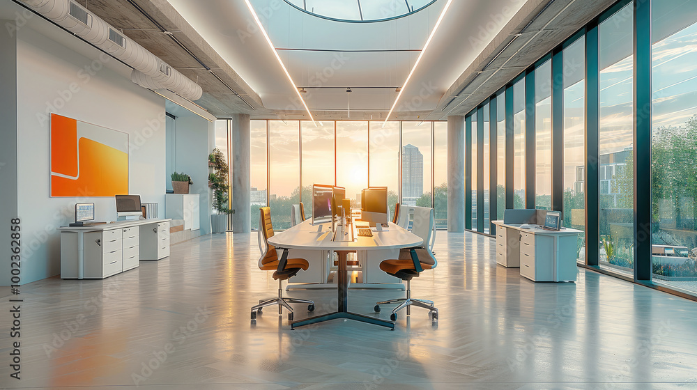 Poster an open office space with desks and chairs arranged in a semi-circular grid.