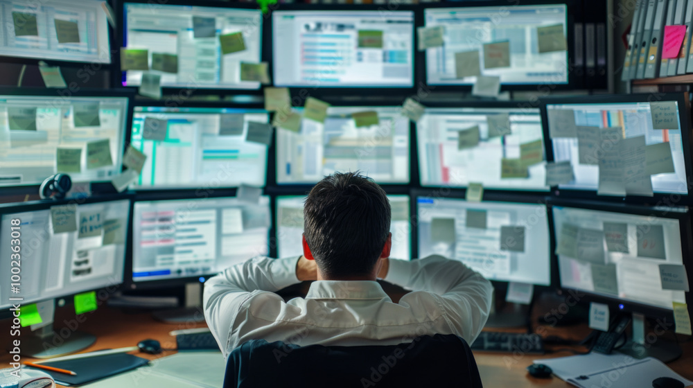 Poster worker overwhelmed by multiple screens in a busy office environment during a hectic workday