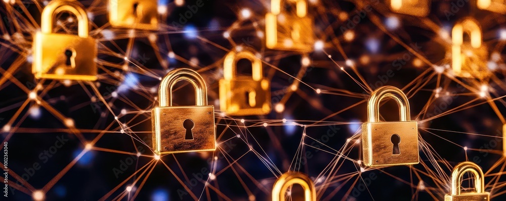 Poster hightech data warehouse concept with global business connections and secure digital locks soft blue 