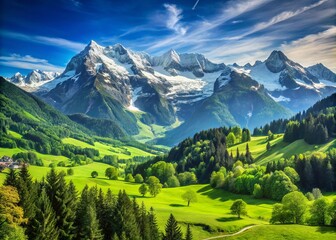 Obraz premium Stunning alpine scenery showcases majestic snow-capped peaks towering over vibrant green valleys, all beneath a