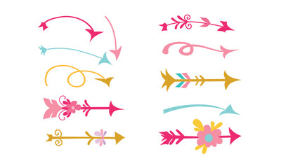 Cute princess Arrows set. Sketch kids line fun arrow icon. Hand drawn direction element set.