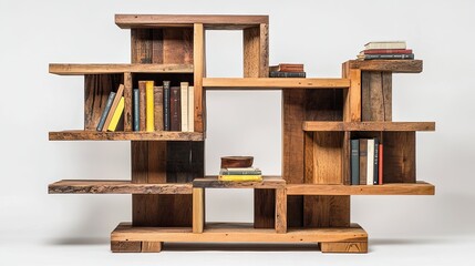 a custom furniture piece, featuring a handcrafted bookshelf made from reclaimed wood, designed for a unique living space.