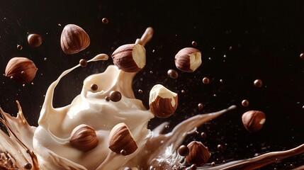   A chocolate milkshake with nuts and splashing milk on a black background, featuring a splash of milk in the foreground