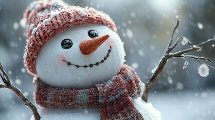 Detailed close-up of a whimsical 3D snowman, showcasing a stitched scarf, twig arms, and intricate features, set against a soft, snowy landscape.