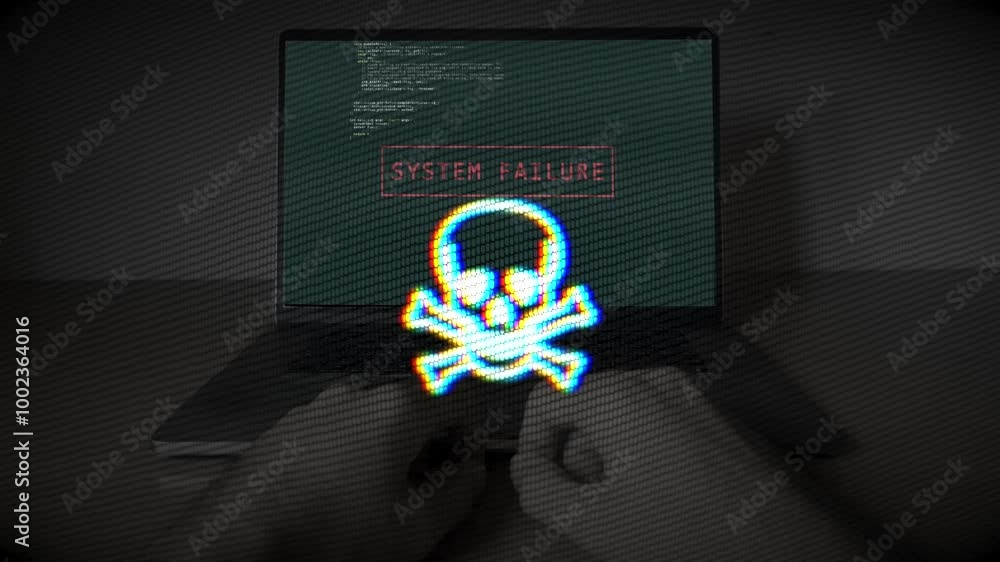 Poster cyber threat warning displayed on laptop during hacking attempt