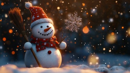 Joyful Snowman in Winter Wonderland, a cheerful 3D snowman grips a broomstick, enveloped by swirling snowflakes in a vibrant, festive winter landscape