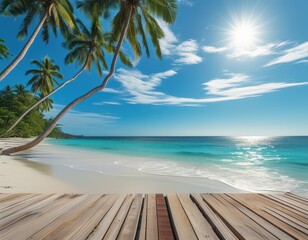Idyllic tropical beach paradise with inviting wooden platform, perfect for showcasing summer products