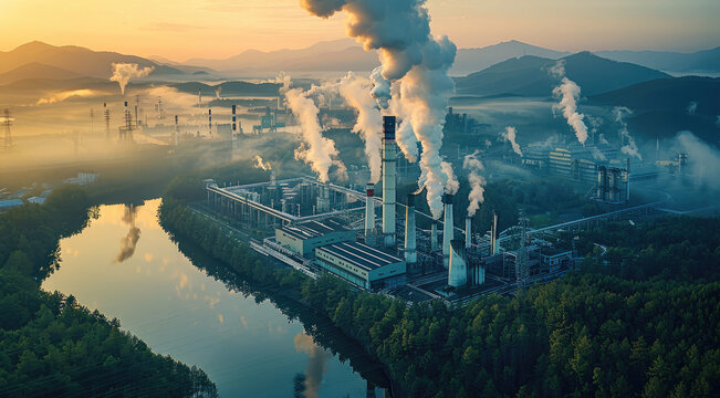 Carbon management in offset programs as a path to carbon neutrality, factory. Aerial high view.
