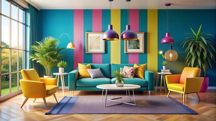 Fototapeta premium Stylish interiors come alive with modern graphic design elements, featuring vibrant color palettes and decor that