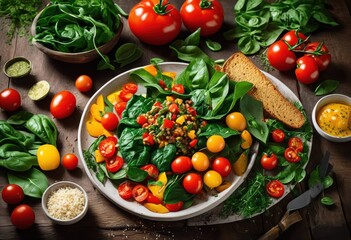 vibrant plant based meal flat lay featuring fresh vivid artfully arranged dishes herbs vegetables, arrangement, bowl, chef, colorful, cuisine, culinary