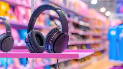Wall murals Modern headphones displayed in vibrant retail electronics store with colorful shelves