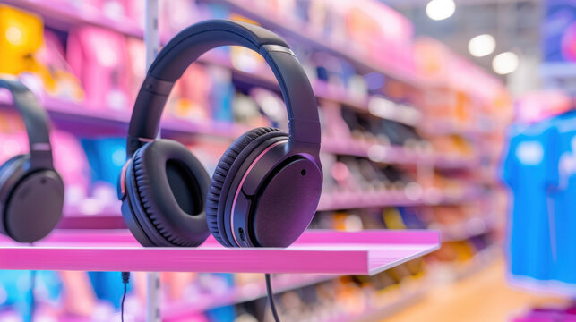 Modern headphones displayed in vibrant retail electronics store with colorful shelves