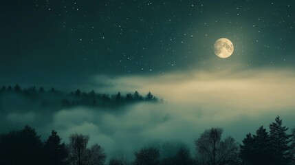 Naklejka premium Misty Moonlit Night, a captivating scene of a fog-covered landscape, the moon's glow piercing through the haze, with twinkling stars subtly visible in the background.