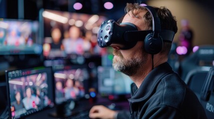 Immersive virtual reality gaming experience in a vibrant tech environment