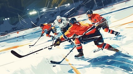 Intense Ice Hockey Match Unfolding During a Night Game on an Outdoor Rink