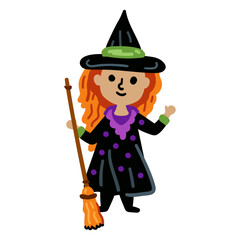 Funny witch character with broom in cartoon style. Vector illustration Halloween isolated on white background